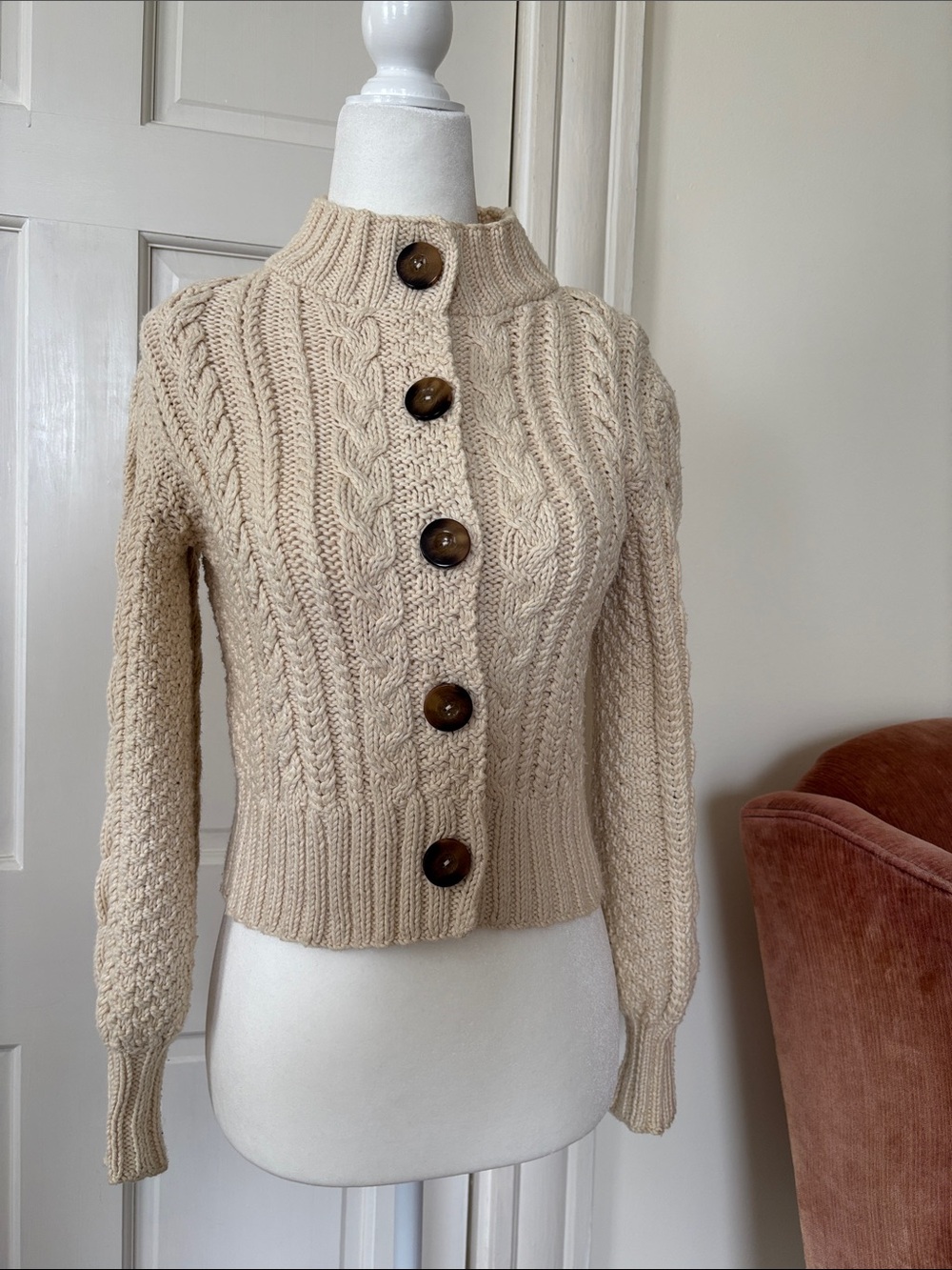 Doen 🏹 Cardiff XS/S Milky Way cotton Cable-Knit Cardigan cropped tortoiseshell - Picture 2 of 9